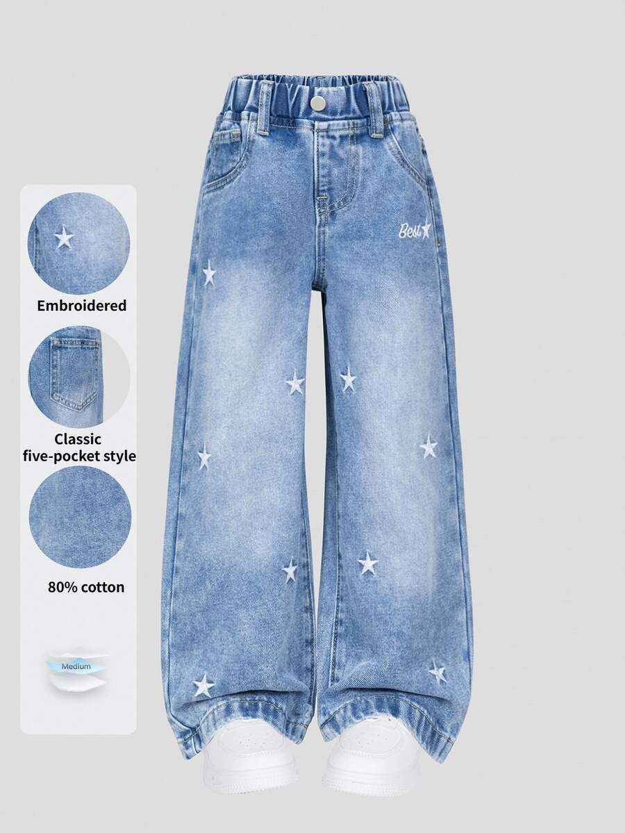 SHEIN 女童 Y2K 淺藍色牛仔褲,四季皆宜,星星刺繡,寬鬆寬腿水洗牛仔,"Best"字母刺繡,彈性腰帶,舒適版型,適合返校、日常穿著、街頭風、週末出遊 - 藍色 - 查看 1