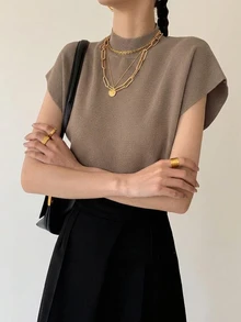 Anewsta 女款現代優雅復古風短袖高領寬鬆針織上衣 素色 適合辦公室秋季穿搭 - 卡其色 - 查看 8