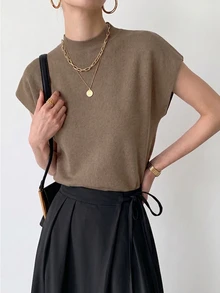 Anewsta 女款現代優雅復古風短袖高領寬鬆針織上衣 素色 適合辦公室秋季穿搭 - 卡其色 - 查看 4