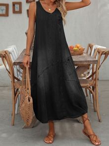 EMERY ROSE EMERY ROSE Vestido de Mezclilla Casual Diario para Mujer con Bolsillos, Atuendos de Vacaciones - Negro - Ver 8