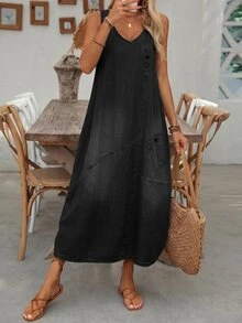 EMERY ROSE EMERY ROSE Vestido de Mezclilla Casual Diario para Mujer con Bolsillos, Atuendos de Vacaciones - Negro - Ver 3