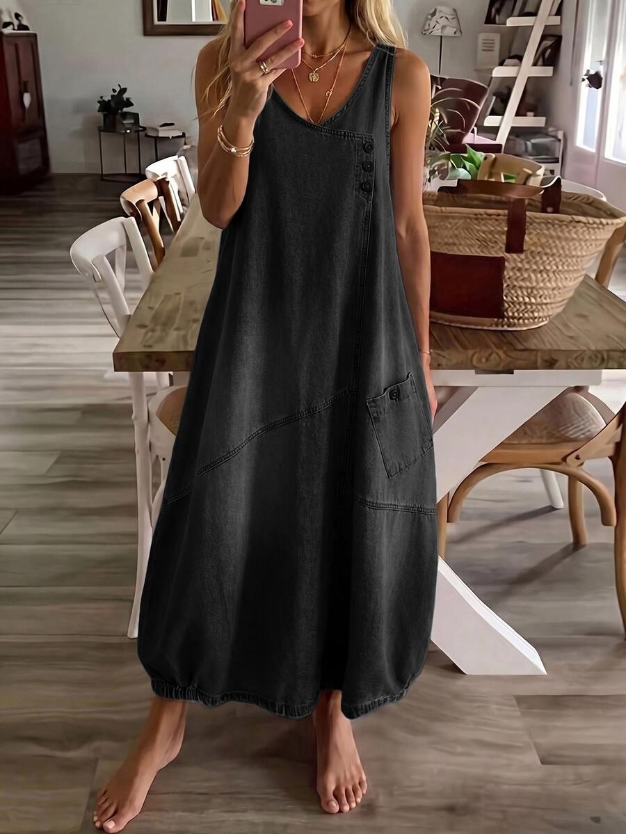 EMERY ROSE EMERY ROSE Vestido de Mezclilla Casual Diario para Mujer con Bolsillos, Atuendos de Vacaciones - Negro - Ver 1