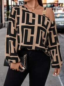 Juhart Plus Geo Print 不对称领口灯笼袖衬衫上衣 - 卡其色 - 查看 8