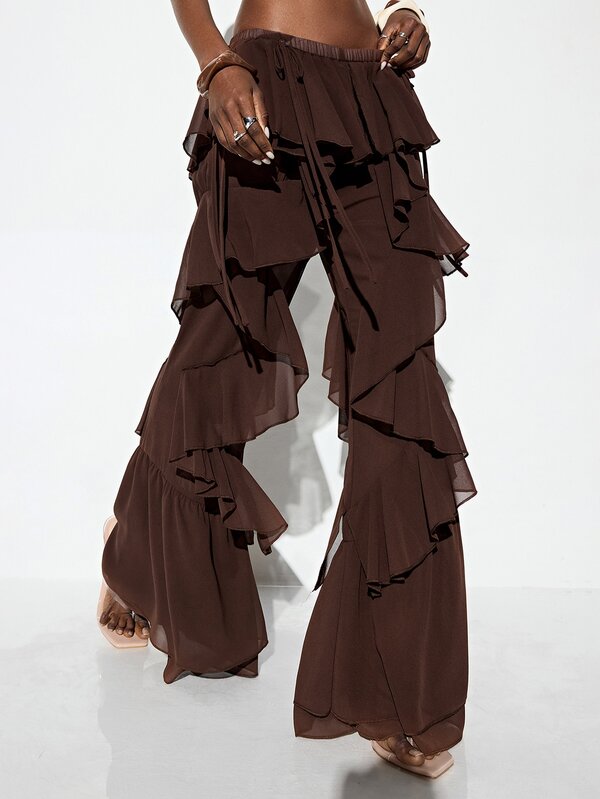 Aveloria GENKIRA Pantalones largos de mujer de gasa color café de verano, cintura elástica de tiro bajo, diseño con lazo, decoración de volantes en capas, corte asimétrico con encaje, corte pesado, ligeramente transparentes, sexy, elegantes, exquisitos, para playa, vacaciones, fiesta, temporada de bodas, Y2k, cool, moderno, punk, bohemio, festival de música, nómada, casual, versátil