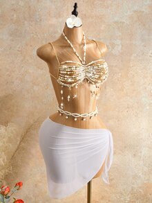 Mistrie 女款性感島嶼海灘度假串珠超短細肩帶背心 - 金色 - 查看 5