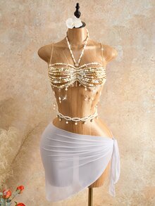 Mistrie 女款性感島嶼海灘度假串珠超短細肩帶背心 - 金色 - 查看 3
