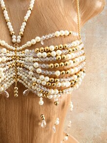 Mistrie 女款性感島嶼海灘度假串珠超短細肩帶背心 - 金色 - 查看 8