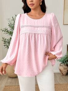 Weeklong Elegant Plus Size Women's Lace Patchwork Cut-Out Long Sleeve Loose Blouse - Baby Pink - View 9