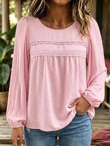 Weeklong Elegant Plus Size Women's Lace Patchwork Cut-Out Long Sleeve Loose Blouse - Baby Pink - View 10