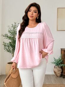 Weeklong Elegant Plus Size Women's Lace Patchwork Cut-Out Long Sleeve Loose Blouse - Baby Pink - View 6