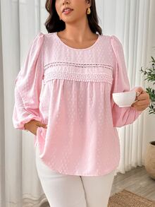 Weeklong Elegant Plus Size Women's Lace Patchwork Cut-Out Long Sleeve Loose Blouse - Baby Pink - View 7
