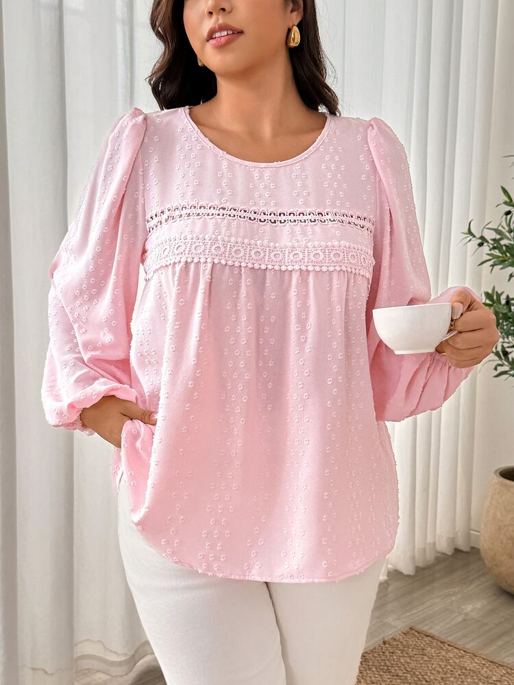 Weeklong Elegant Plus Size Women's Lace Patchwork Cut-Out Long Sleeve Loose Blouse - Baby Pink - View 7