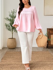 Weeklong Elegant Plus Size Women's Lace Patchwork Cut-Out Long Sleeve Loose Blouse - Baby Pink - View 4
