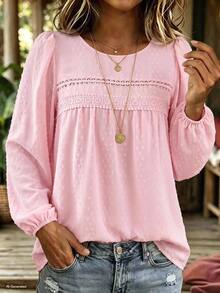 Weeklong Elegant Plus Size Women's Lace Patchwork Cut-Out Long Sleeve Loose Blouse - Baby Pink - View 3