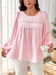 Weeklong Elegant Plus Size Women's Lace Patchwork Cut-Out Long Sleeve Loose Blouse - Baby Pink - View 8