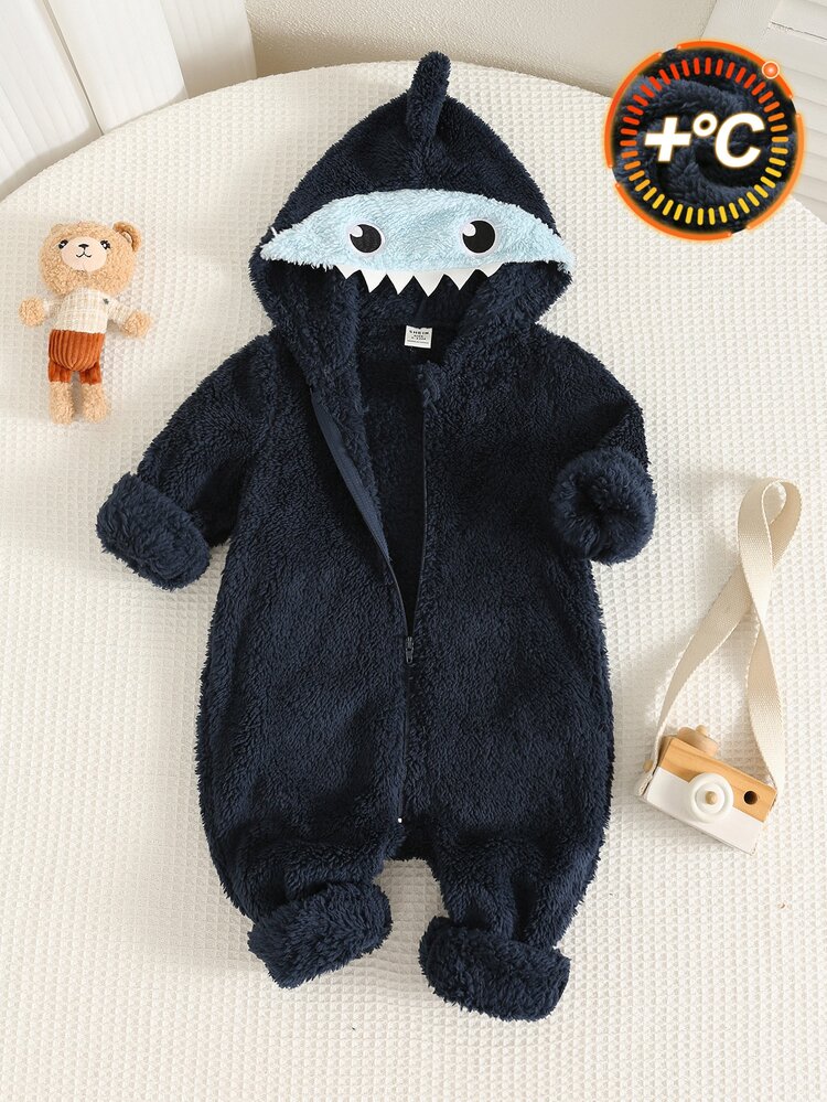 Newborn Baby Boy Cute Autumn/Winter Deep Blue Fuzzy Romper - Multicolor - View 5