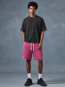 ROMWE MEN Essentials Men's Solid Color Round Neck Short Sleeve T-Shirt And Drawstring Waist Shorts Casual Set - Multicolor - View 3