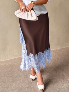 Auralis 大尺碼對比色蕾絲開衩大腿緞面裙 - 棕色 - 查看 5