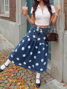 Rivivi Petite Women's Fashion Button Pocket Polka Dot Print Denim Midi Skirt - Dark Wash - View 3