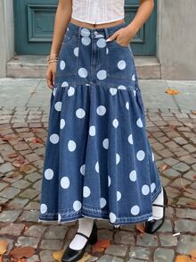 Rivivi Petite Women's Fashion Button Pocket Polka Dot Print Denim Midi Skirt - Dark Wash - View 7