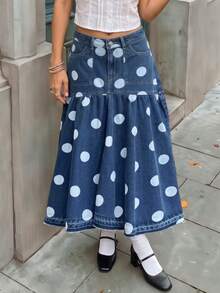 Rivivi Petite Women's Fashion Button Pocket Polka Dot Print Denim Midi Skirt - Dark Wash - View 4