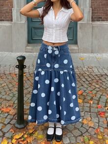 Rivivi Petite Women's Fashion Button Pocket Polka Dot Print Denim Midi Skirt - Dark Wash - View 5