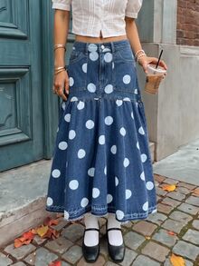 Rivivi Petite Women's Fashion Button Pocket Polka Dot Print Denim Midi Skirt - Dark Wash - View 6