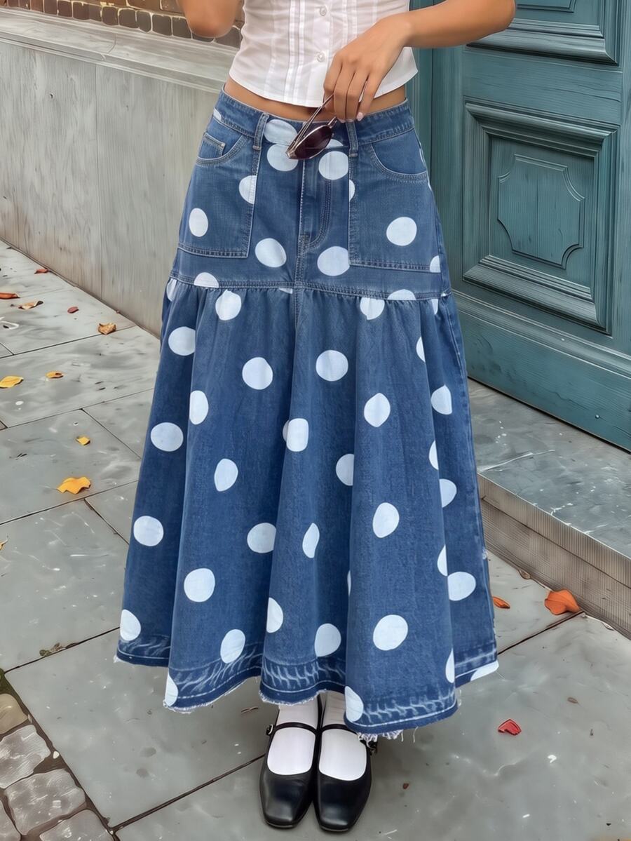 Rivivi Petite Women's Fashion Button Pocket Polka Dot Print Denim Midi Skirt - Dark Wash - View 1