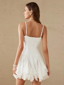 BELROSIE Elegant Romantic White Summer Mini Dress Sweet European Style Chiffon Multi-Layer Ruffle Decor Sleeveless Patchwork Dinner Vacation Spring Wedding - White - View 3