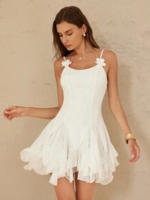 BELROSIE Elegant Romantic White Summer Mini Dress Sweet European Style Chiffon Multi-Layer Ruffle Decor Sleeveless Patchwork Dinner Vacation Spring Wedding - White - View 5