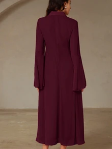 BELROSIE 迷人深紫色領口單排扣收腰喇叭袖長袖襯衫洋裝，適合女性教師節晚宴、辦公室、秋季優雅穿搭 - 紅色 - 查看 2