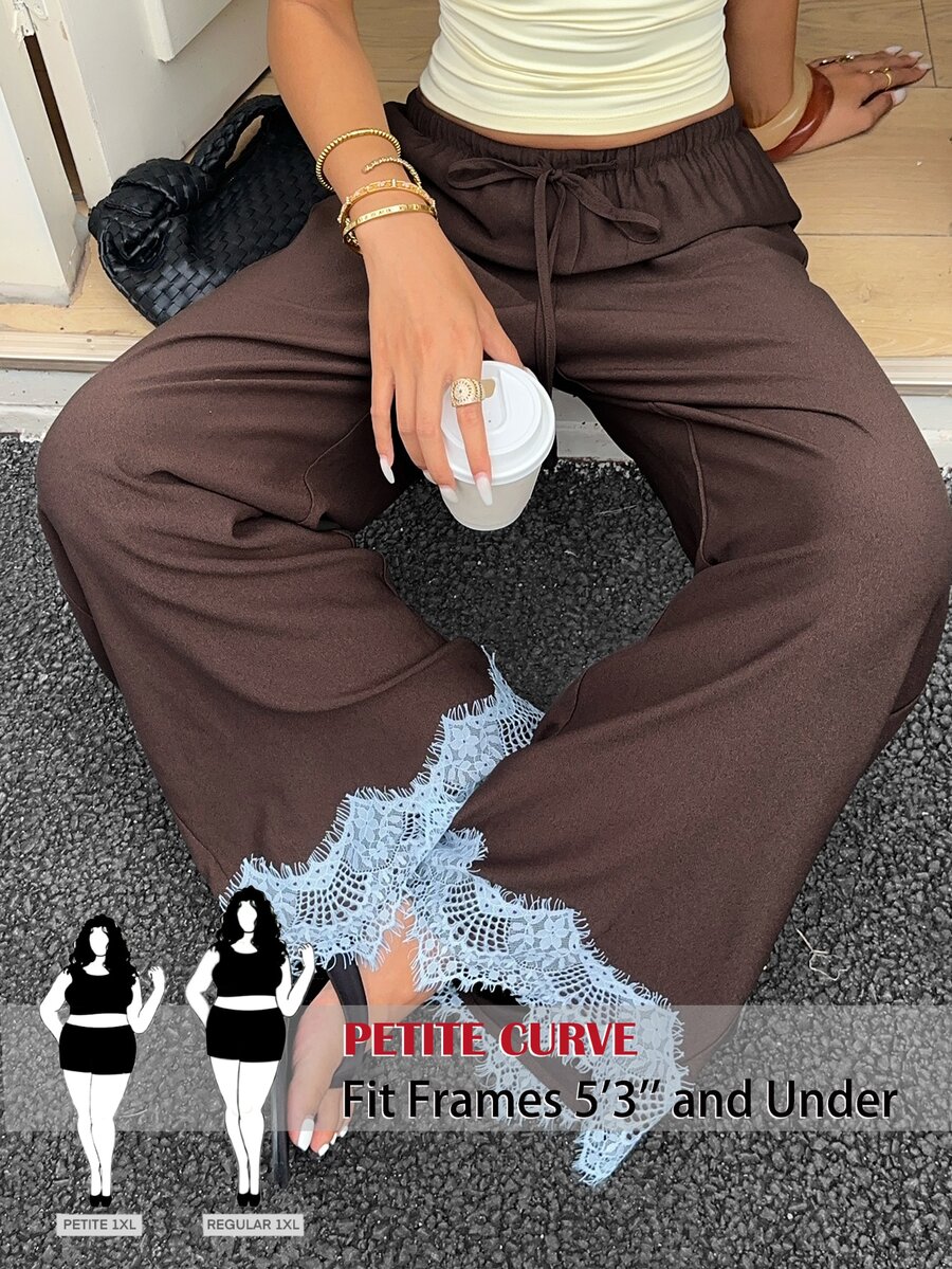 SHEIN PETITE CURVE 大尺碼女款緞面低腰寬腿長褲 棕色蕾絲拼接 休閒度假穿搭 秋季 - 棕色 - 查看 1