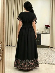 Modelyn 花卉植物仿刺繡女款時尚V領短袖收腰長版最大裙，花卉圖案黑色洋裝，舒適夏季女裝，適合日常與外出穿著 - 彩色 - 查看 2