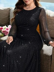 Modelyn Gaun Malam Lengan Panjang Berkilau Jala untuk Wanita Ukuran Plus - Hitam - View 7