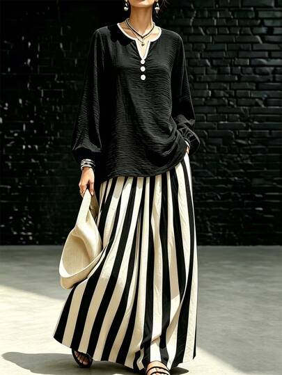 SHEIN Holidaya Women's Set Straight A-Line Skirt V-Neck White Trim Button Elastic Cuffs Patchwork Elegant Black White Vertical Striped Print Two Pieces Set Women