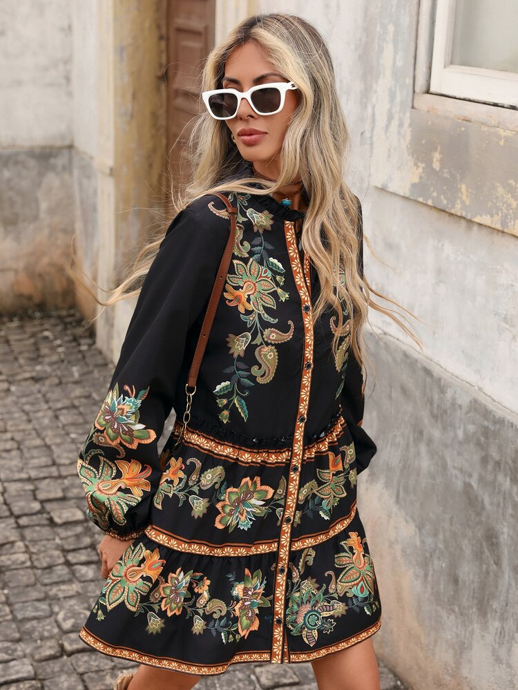 Brillora Women's Printed Loose Smock Dress, Long Sleeve,Mexican Women Dresses,Vacation Casual Dress, Button Down,Boho Style - Black - View 5
