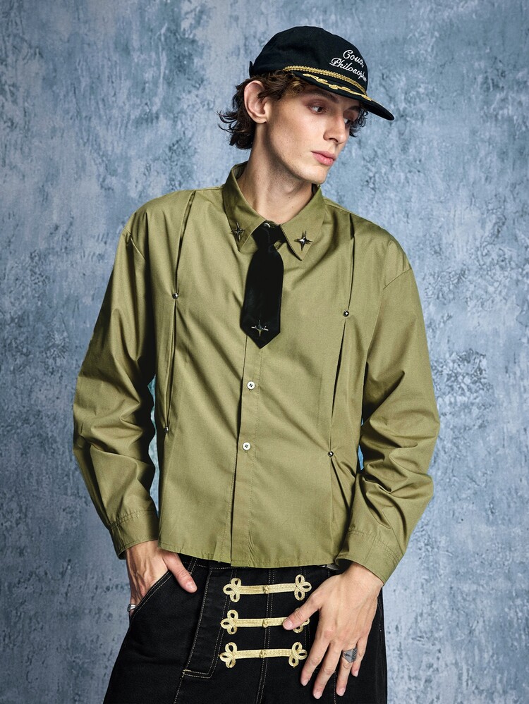 ROMWE MEN Street Life Men's Fashion Street Beaded Pleated Button Shirt - Army Green - View 7