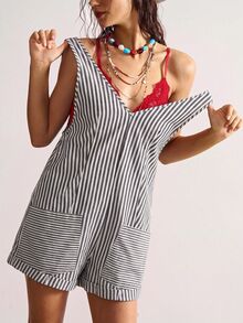 Bohemela 女款百搭日常條紋拼色雙口袋連身褲 - 黑與白 - 查看 5