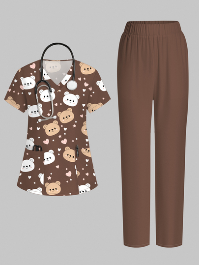 PopScrub Conjunto de 2 piezas para mujer con top de trabajo de cuello en V, manga corta, bolsillo y diseño con abertura, estampado de graffiti de oso marrón & oso blanco, pantalones rectos marrones, conjunto de pantalón casual, conjunto de uniforme de enfermera para primavera/verano