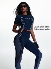 Innovista Innovista 女款拼色短版上衣與高腰修身緊身褲套裝 提臀防透深蹲 高彈力 健身瑜伽跑步訓練運動服 - 藍色 - 查看 3