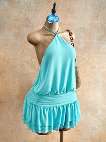 Mistrie 女士纯色露背系带褶皱时尚约会迷你连衣裙，土耳其蓝连衣裙，女士泳装连衣裙，带裙摆的吊带泳衣，浅蓝色连衣裙，蓝色沙滩裙，天蓝色连衣裙，女士夏季度假装，夏季度假装，度假装，荷叶边裙，夏季服装，女士夏季装，夏季装，女士夏季装，女士夏季连衣裙，女士春季连衣裙，女士沙滩裙，女士夏季度假装，女士度假连衣裙 - 薄荷藍 - 查看 5