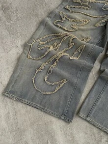 Attitoon Women's Wide Leg Loose Casual Denim Jeans With Pockets And Laser Embroidery - Medium Wash - View 3