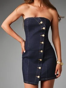 MISSGUIDED Strapless Denim Bodycon Mini Dress With Gold Ornate Button Detail Dark Wash Fitted Sleeveless Summer Party Night Out - Dark Wash - View 4