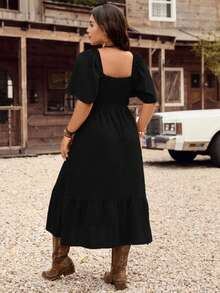 LanaWest CURVE Vestido casual casual de vacaciones para mujer de talla grande, de unicolor, con bordado, cordón en la cintura, manga corta y bajo con mangas - Negro - Ver 2