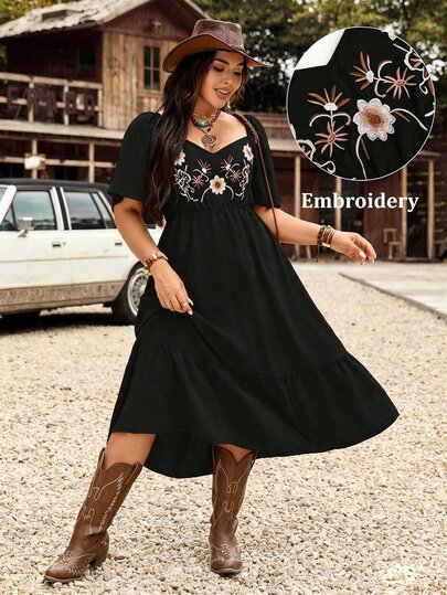LanaWest CURVE Plus Size Women's Spring/Summer Western Country Solid Color Embroidered Drawstring Waist Ruffle Sleeve Layered Hem Short Casual Vacation Dress