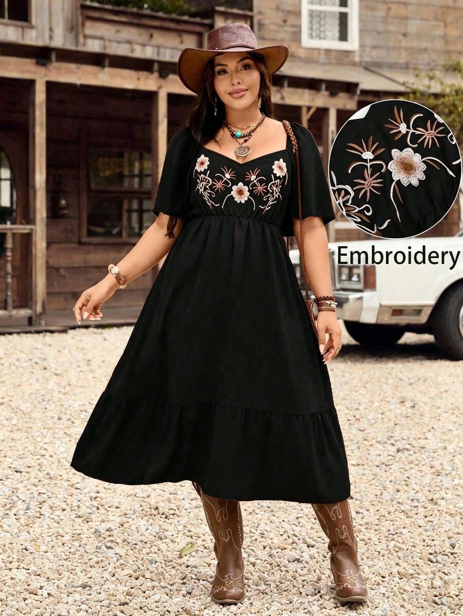 LanaWest CURVE Vestido casual casual de vacaciones para mujer de talla grande, de unicolor, con bordado, cordón en la cintura, manga corta y bajo con mangas - Negro - Ver 1