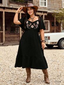 LanaWest CURVE Vestido casual casual de vacaciones para mujer de talla grande, de unicolor, con bordado, cordón en la cintura, manga corta y bajo con mangas - Negro - Ver 6