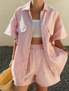 DAZY 女款夏季翻領寬鬆無袖襯衫與短褲休閒牛仔套裝 度假風 - 粉色 - 查看 6