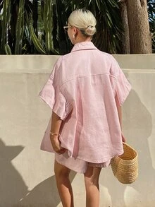 DAZY 女款夏季翻領寬鬆無袖襯衫與短褲休閒牛仔套裝 度假風 - 粉色 - 查看 4