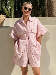 DAZY 女款夏季翻領寬鬆無袖襯衫與短褲休閒牛仔套裝 度假風 - 粉色 - 查看 5